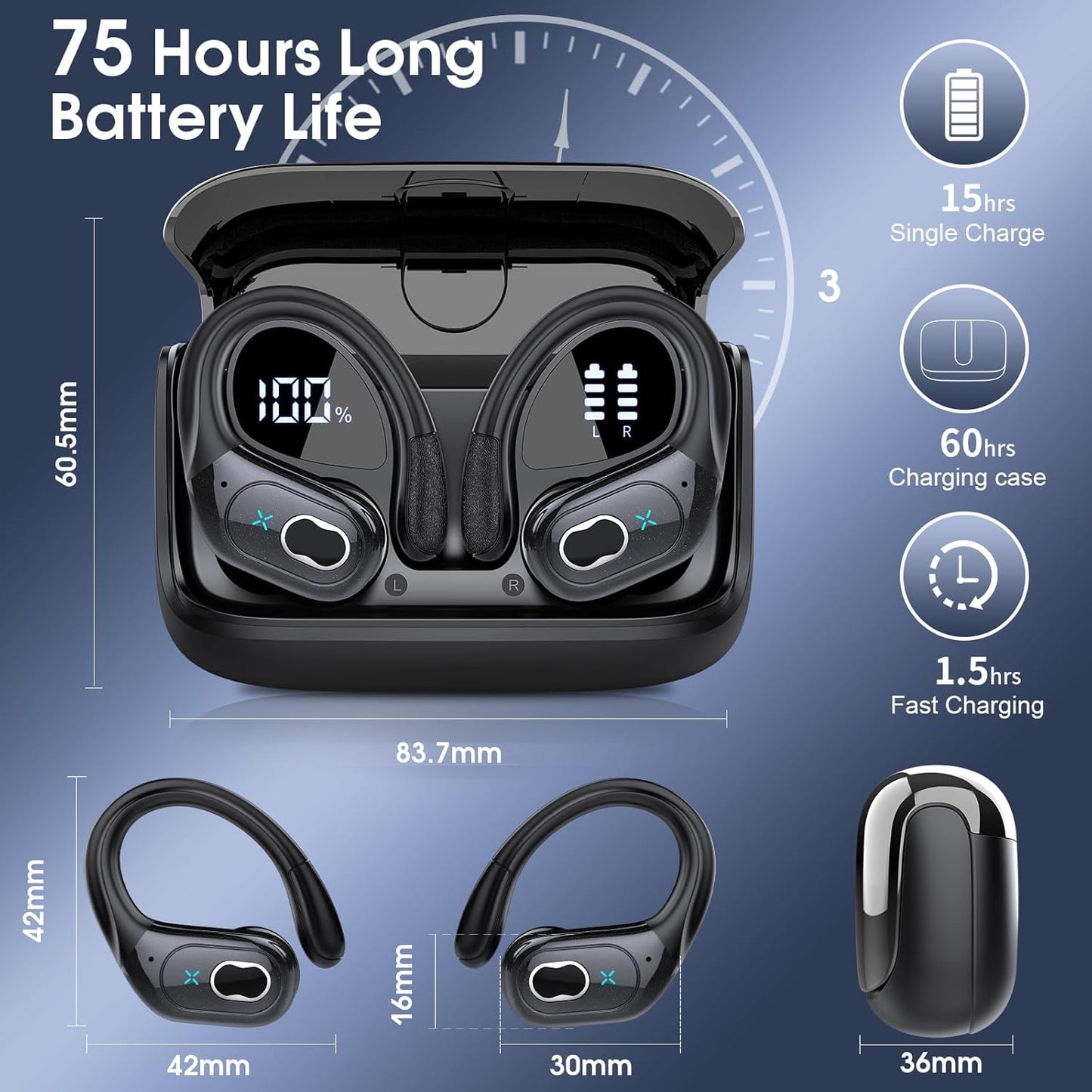 Wireless Earbuds 75hrs Bluetooth 5.4 Headphone